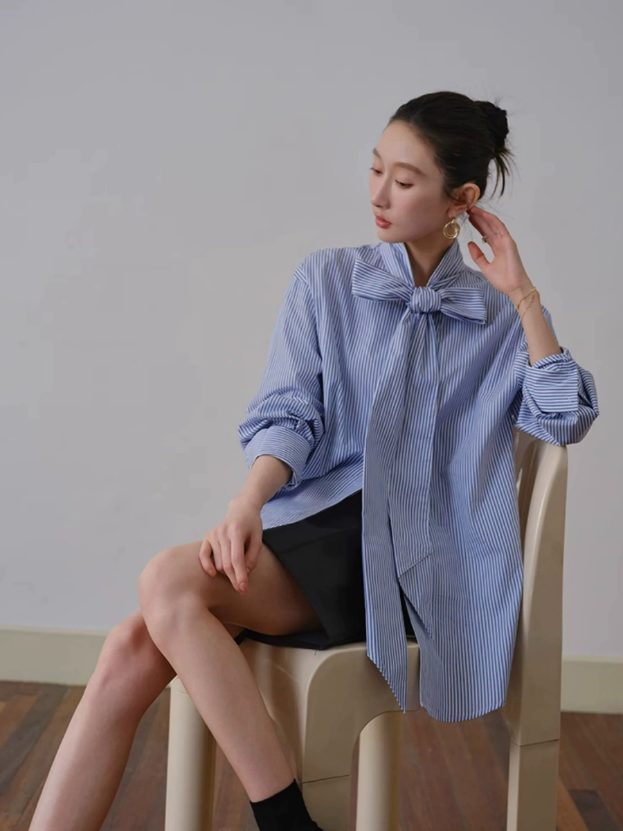 Yvonne Ribbon Tie Stripe Shirt