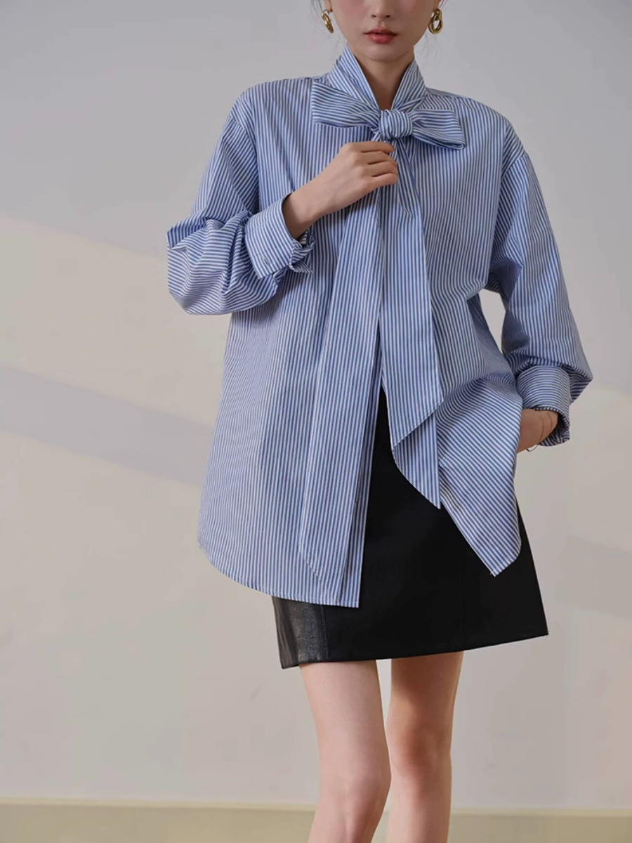 Yvonne Ribbon Tie Stripe Shirt