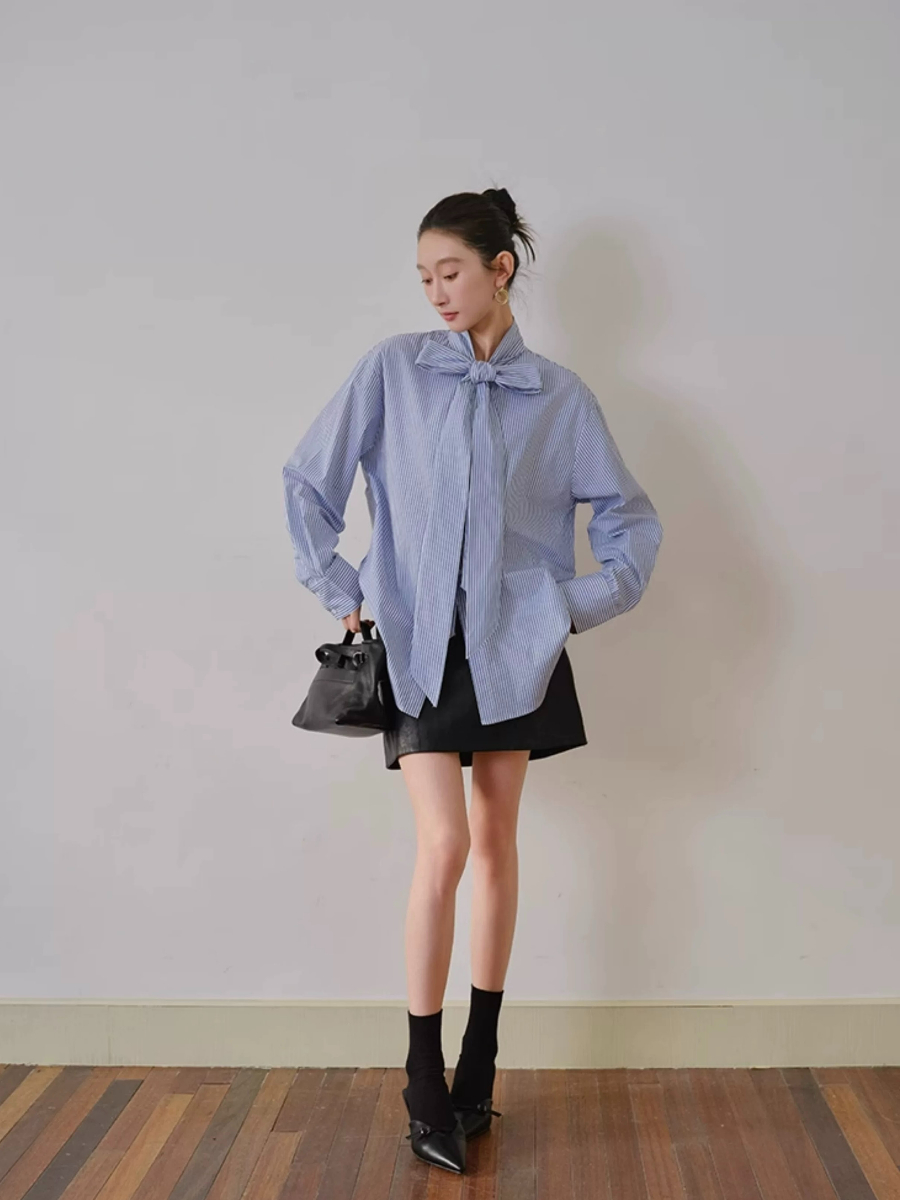 Yvonne Ribbon Tie Stripe Shirt