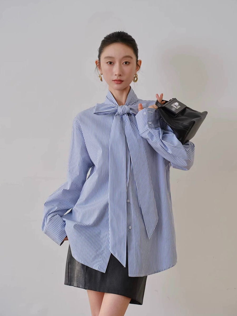 Yvonne Ribbon Tie Stripe Shirt