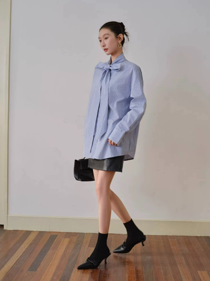 Yvonne Ribbon Tie Stripe Shirt