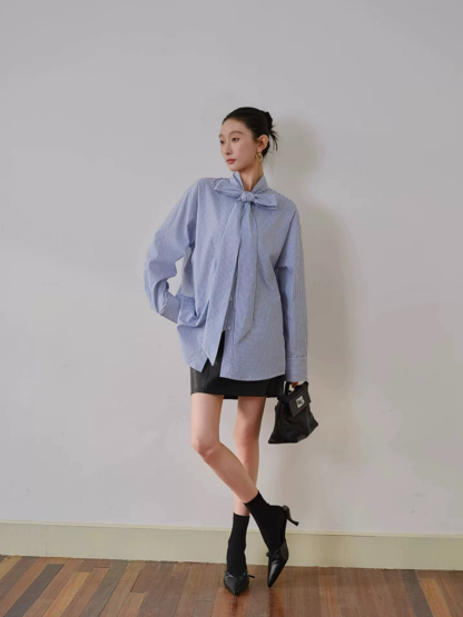 Yvonne Ribbon Tie Stripe Shirt