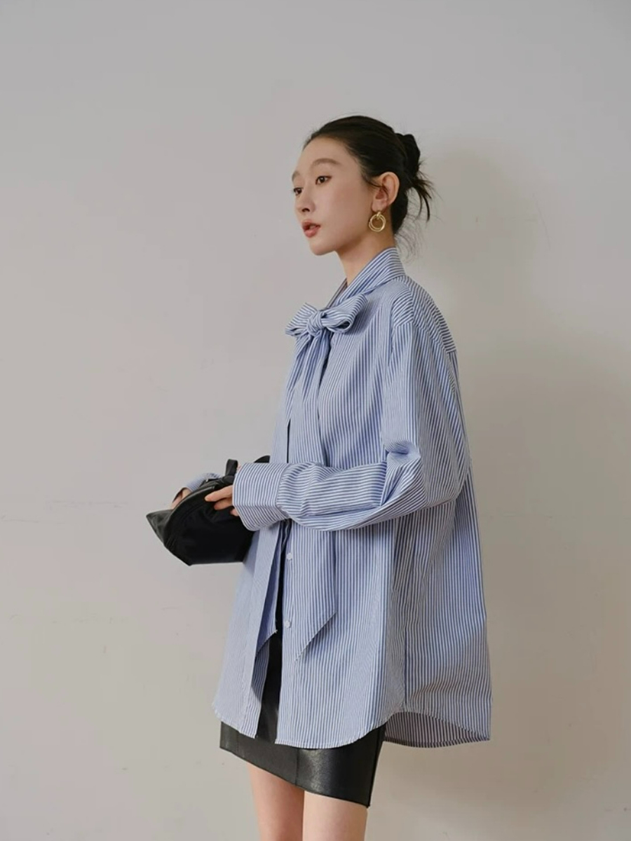 Yvonne Ribbon Tie Stripe Shirt