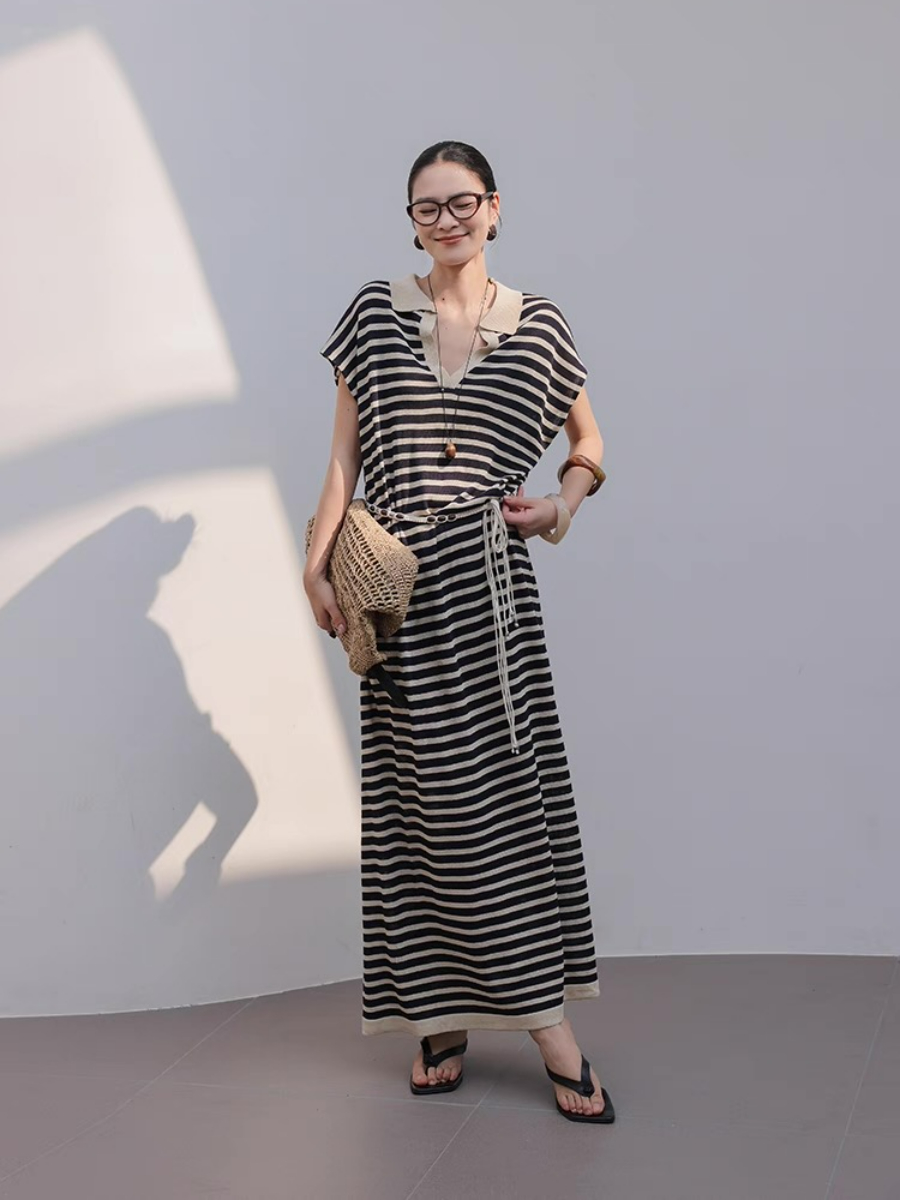Mercer V-Collar Stripe Linen Dress
