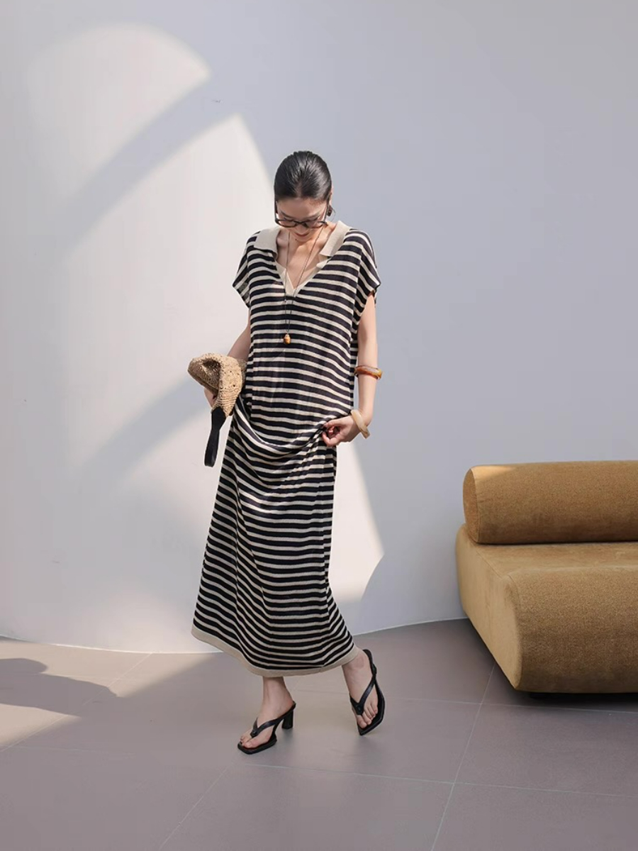 Mercer V-Collar Stripe Linen Dress