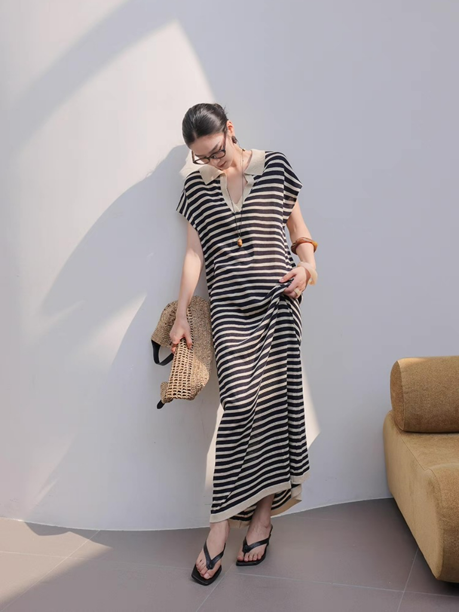 Mercer V-Collar Stripe Linen Dress