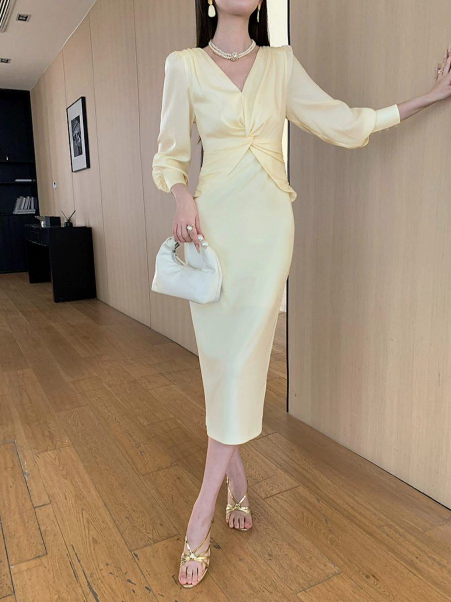 Yamileth V-Collar Front Knot Dress