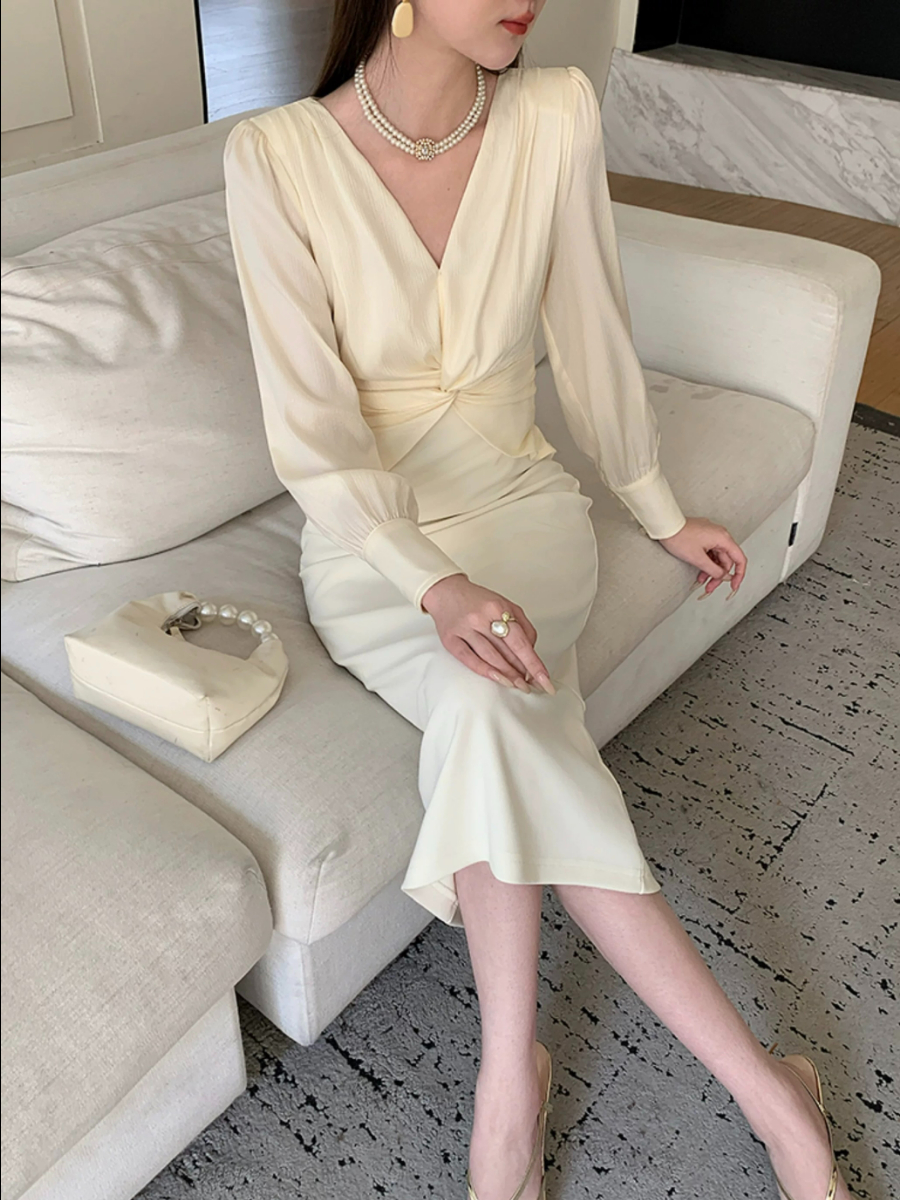 Yamileth V-Collar Front Knot Dress