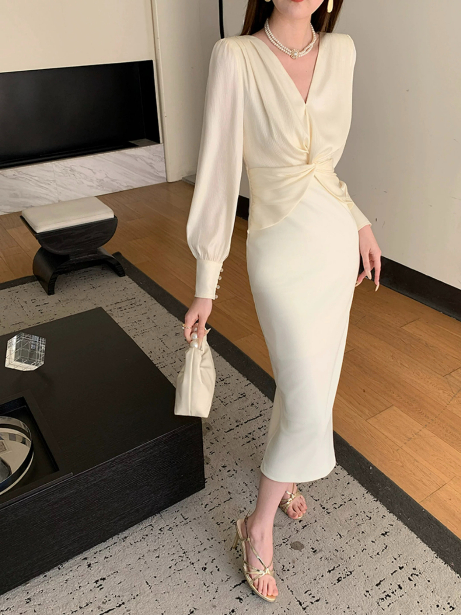 Yamileth V-Collar Front Knot Dress