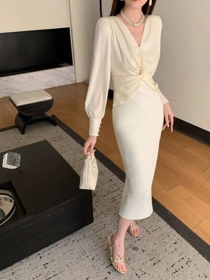 Yamileth V-Collar Front Knot Dress