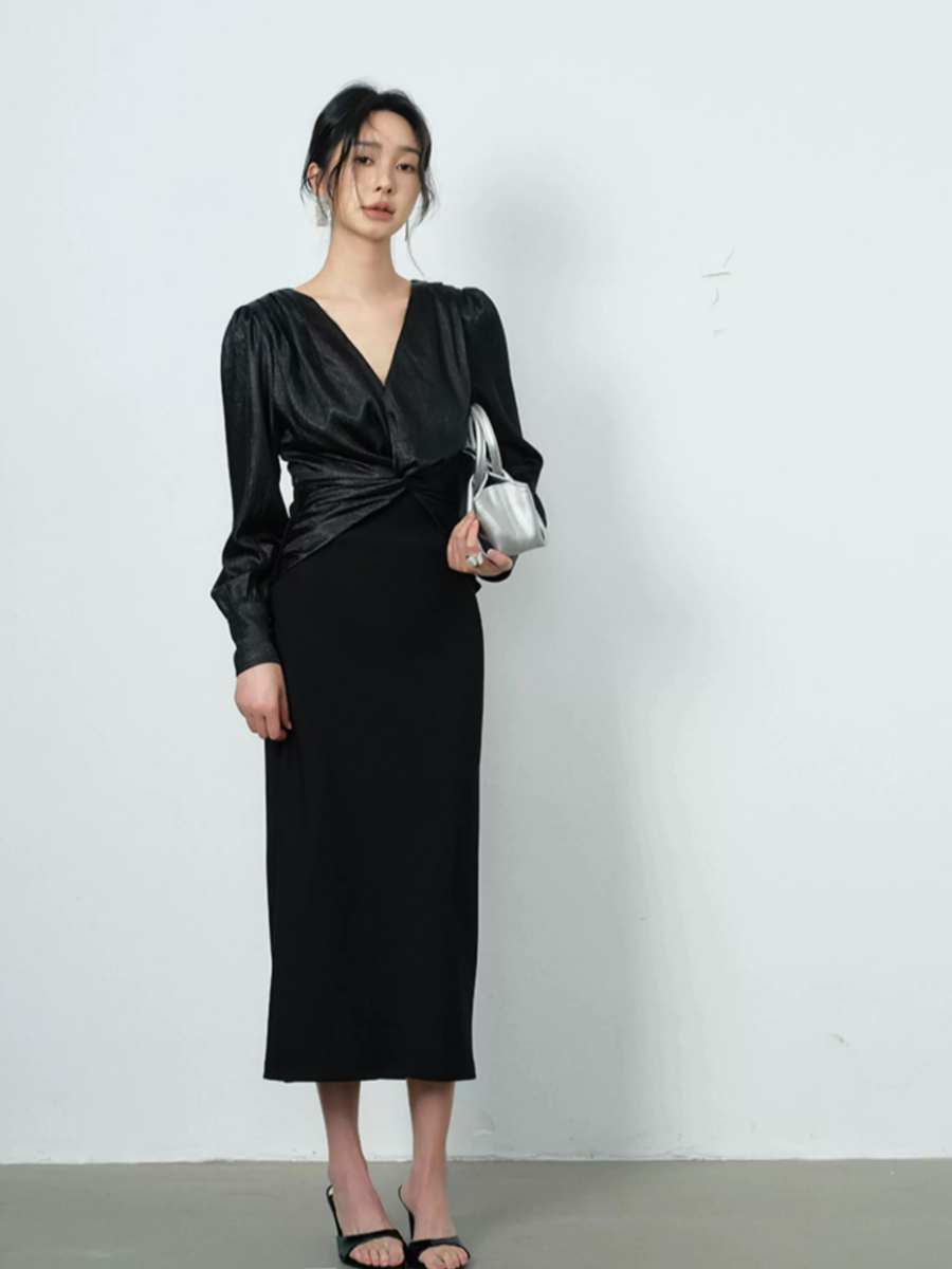 Yamileth V-Collar Front Knot Dress