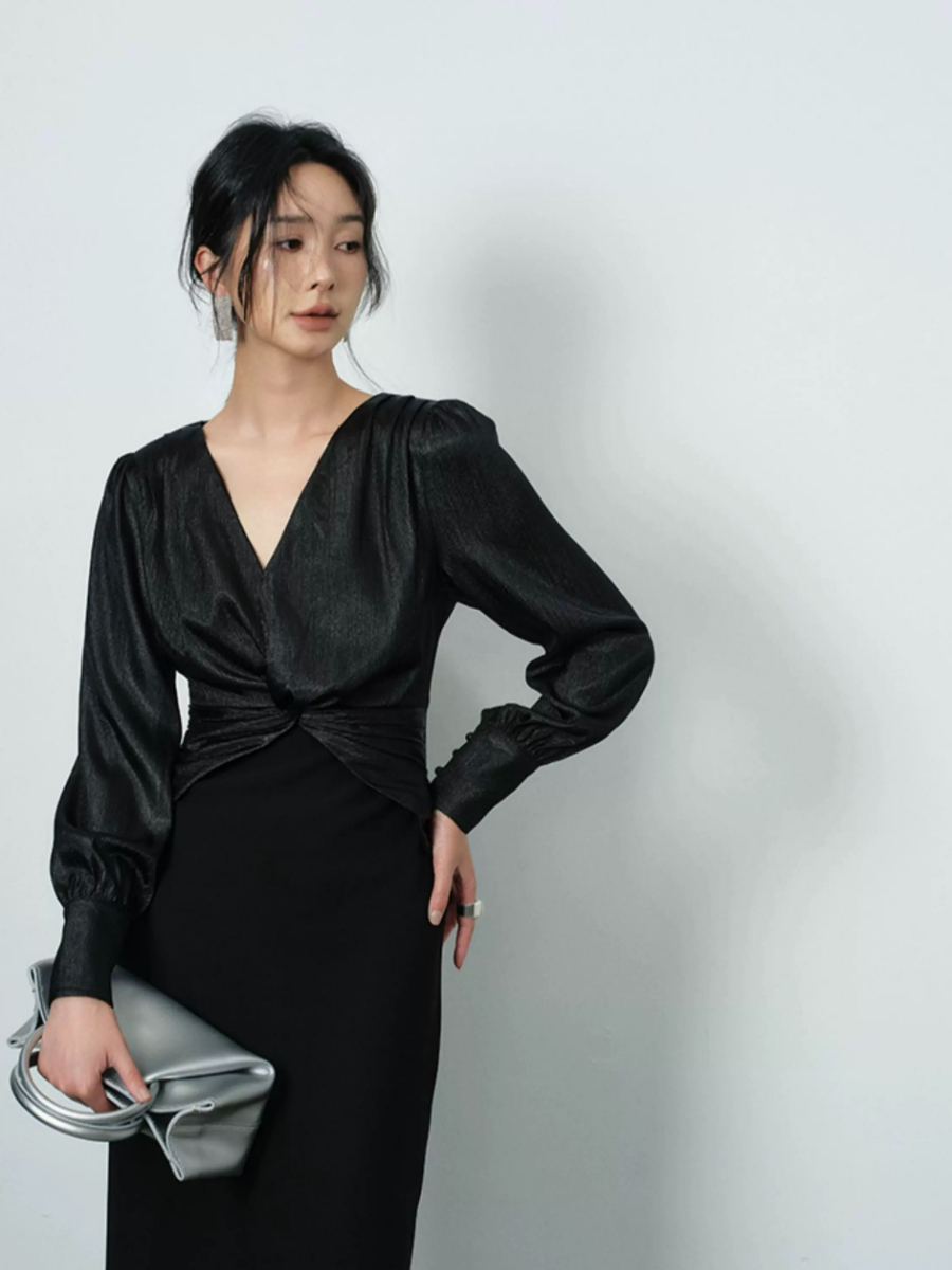 Yamileth V-Collar Front Knot Dress