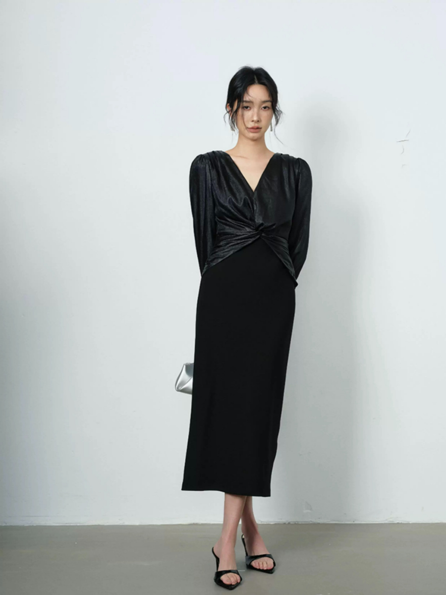 Yamileth V-Collar Front Knot Dress