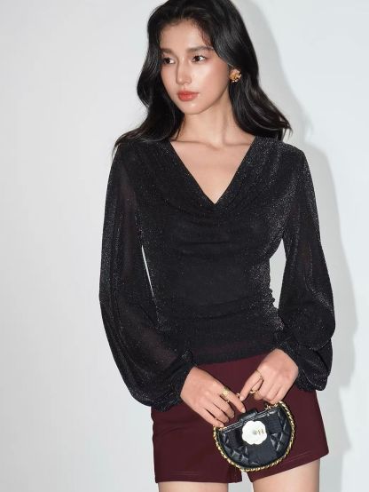 Velaria Shimmering Lurex Knit Cowl Neck Top