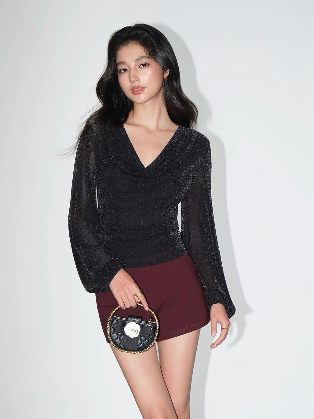 Velaria Shimmering Lurex Knit Cowl Neck Top