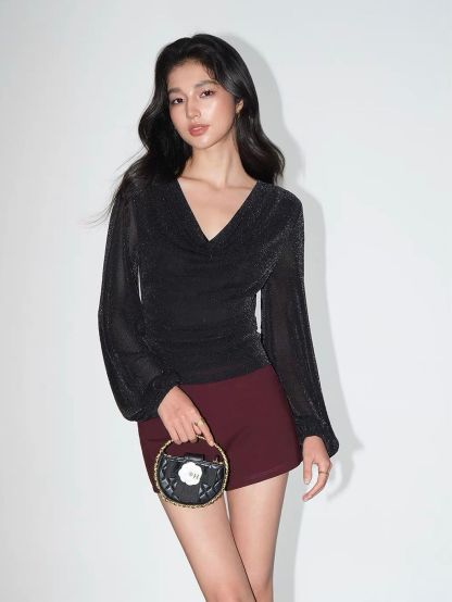 Velaria Shimmering Lurex Knit Cowl Neck Top