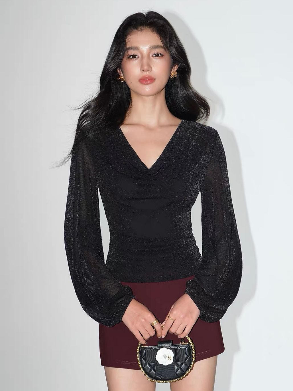 Velaria Shimmering Lurex Knit Cowl Neck Top