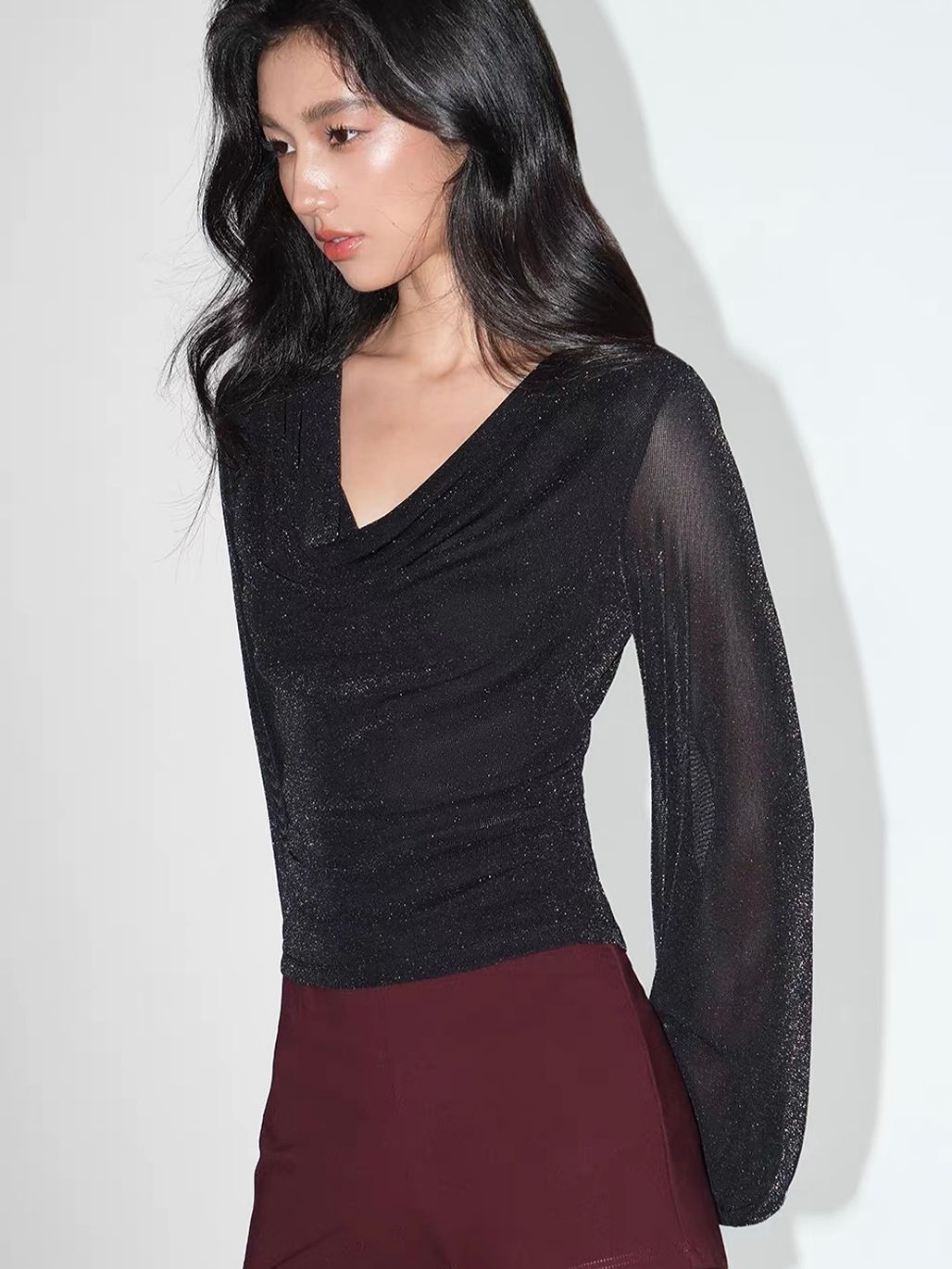 Velaria Shimmering Lurex Knit Cowl Neck Top