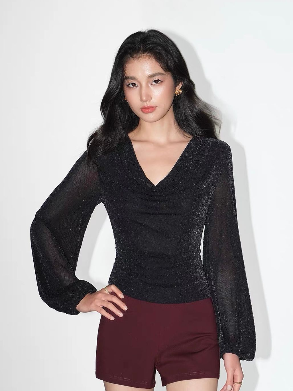 Velaria Shimmering Lurex Knit Cowl Neck Top