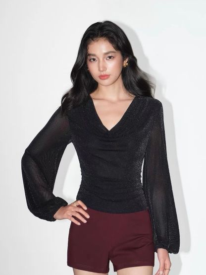 Velaria Shimmering Lurex Knit Cowl Neck Top
