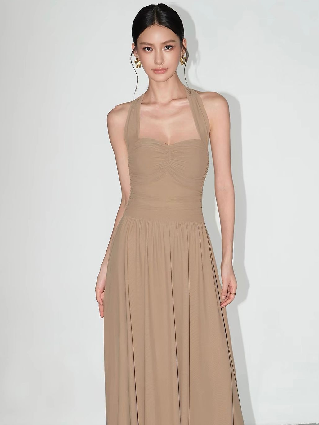 Vandana Tie-Neck Ruched Halter Dress