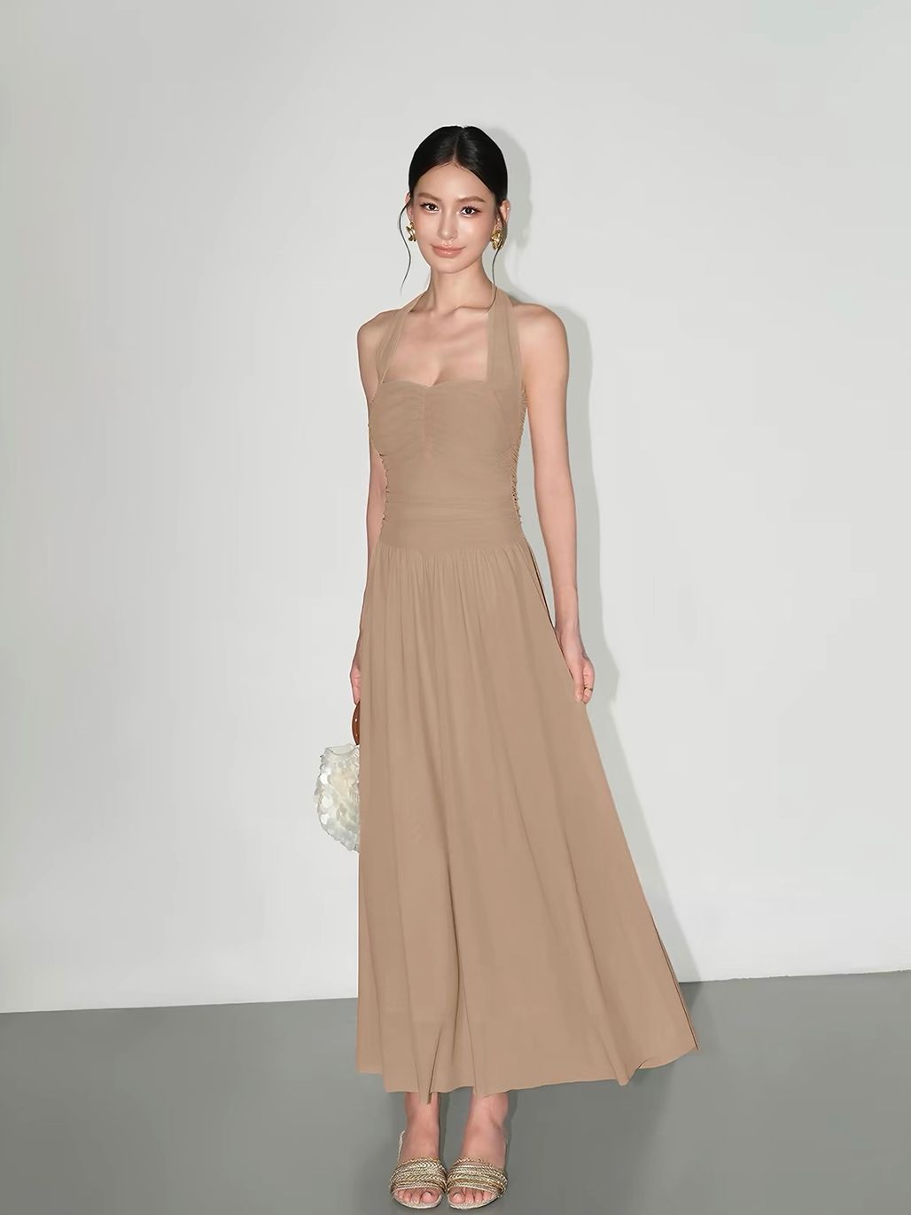 Vandana Tie-Neck Ruched Halter Dress