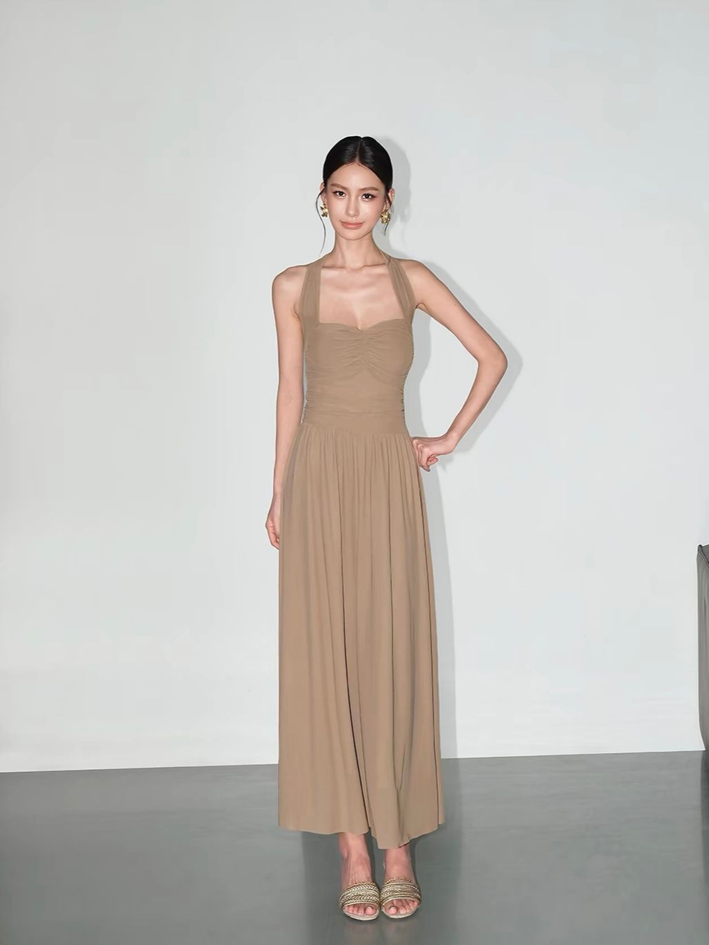 Vandana Tie-Neck Ruched Halter Dress
