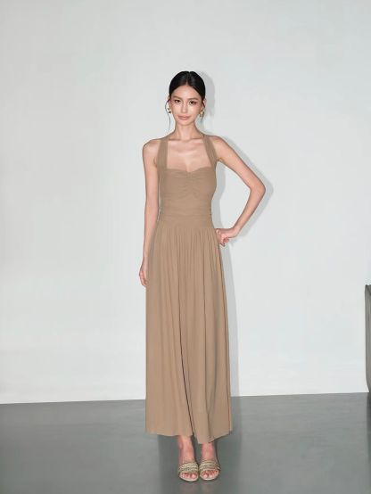 Vandana Tie-Neck Ruched Halter Dress