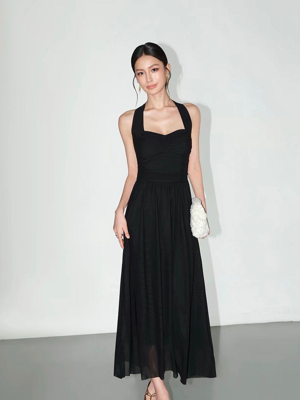 Vandana Tie-Neck Ruched Halter Dress