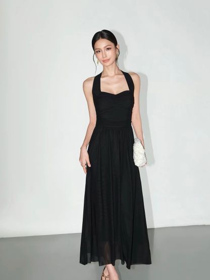 Vandana Tie-Neck Ruched Halter Dress