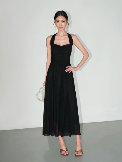 Vandana Tie-Neck Ruched Halter Dress