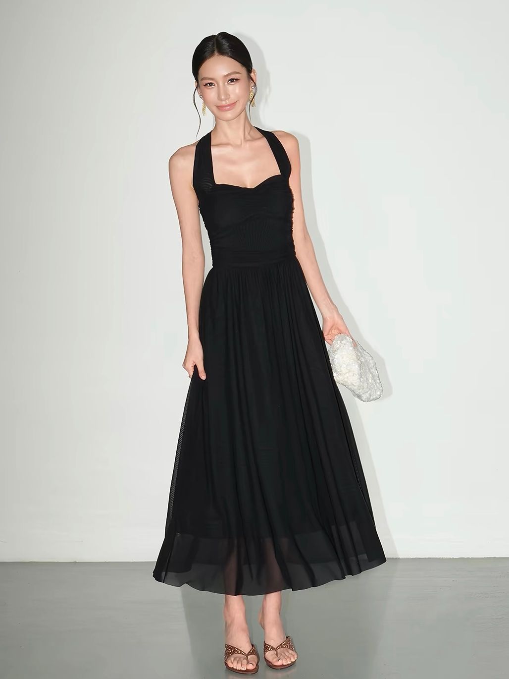 Vandana Tie-Neck Ruched Halter Dress