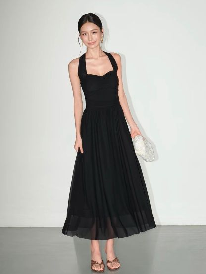 Vandana Tie-Neck Ruched Halter Dress