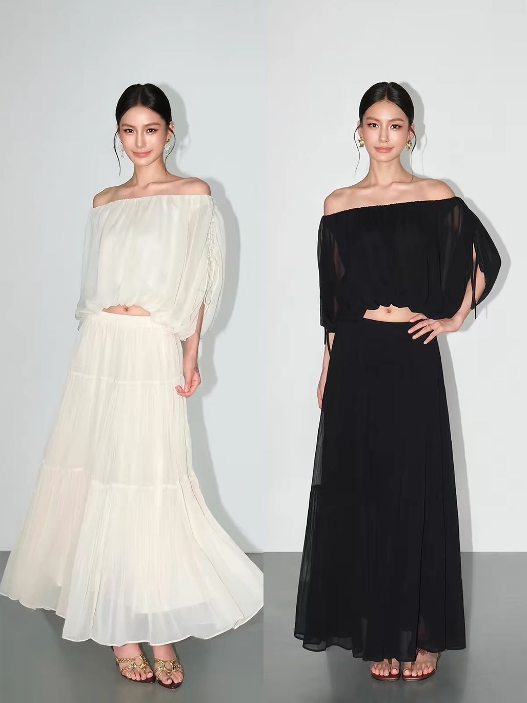 Vrinda Ethereal Off-Shoulder Top & Tiered Maxi Skirt (Sold Seperately)