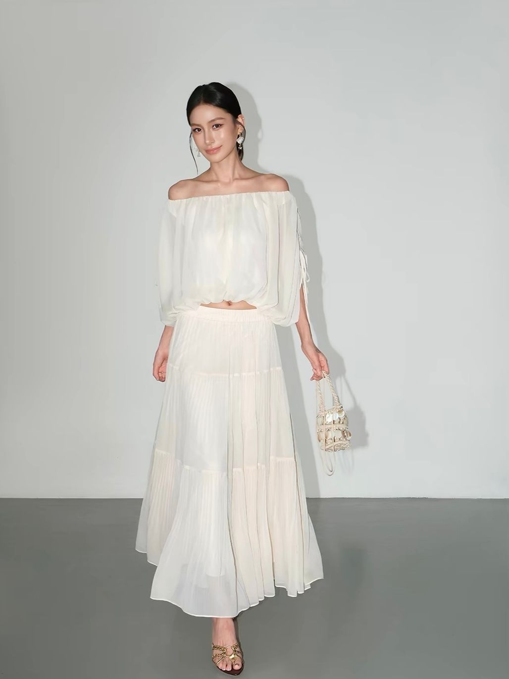 Vrinda Ethereal Off-Shoulder Top & Tiered Maxi Skirt (Sold Seperately)