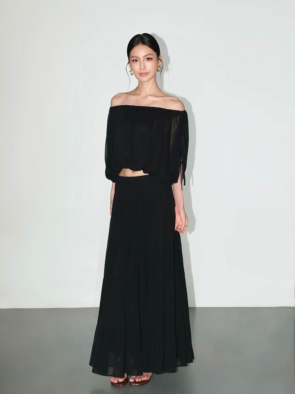 Vrinda Ethereal Off-Shoulder Top & Tiered Maxi Skirt (Sold Seperately)
