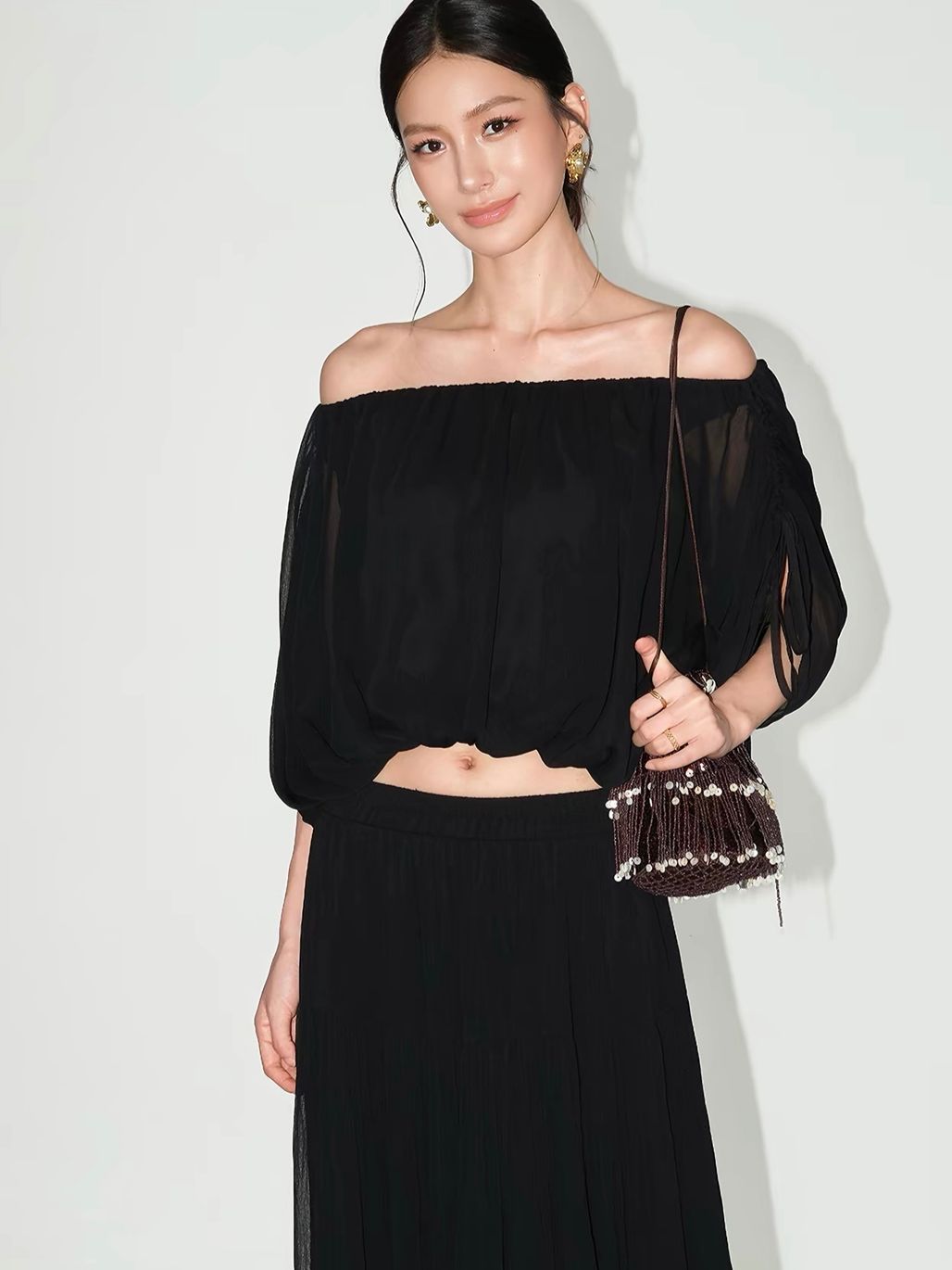 Vrinda Ethereal Off-Shoulder Top & Tiered Maxi Skirt (Sold Seperately)