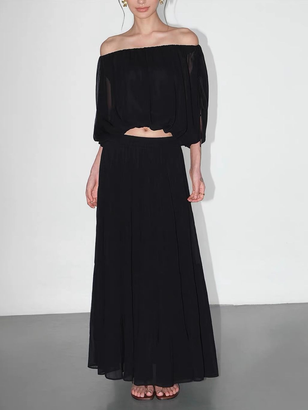 Vrinda Ethereal Off-Shoulder Top & Tiered Maxi Skirt (Sold Seperately)
