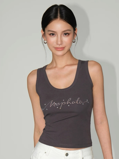Willy Rhinestones Alphanet Scoop Neck Top