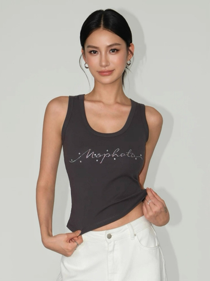 Willy Rhinestones Alphanet Scoop Neck Top