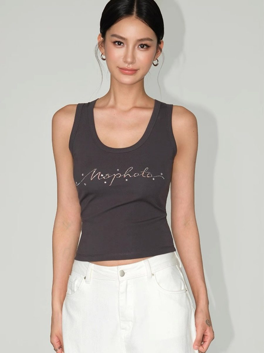 Willy Rhinestones Alphanet Scoop Neck Top