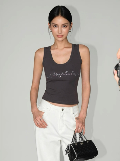 Willy Rhinestones Alphanet Scoop Neck Top