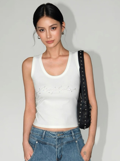 Willy Rhinestones Alphanet Scoop Neck Top