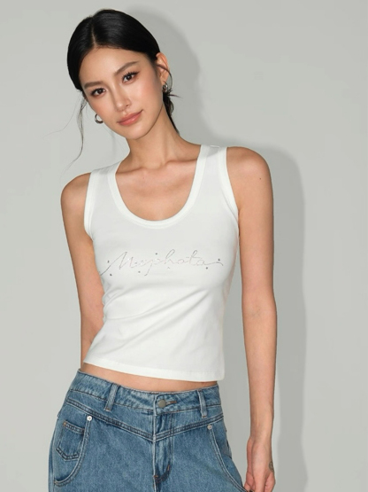 Willy Rhinestones Alphanet Scoop Neck Top