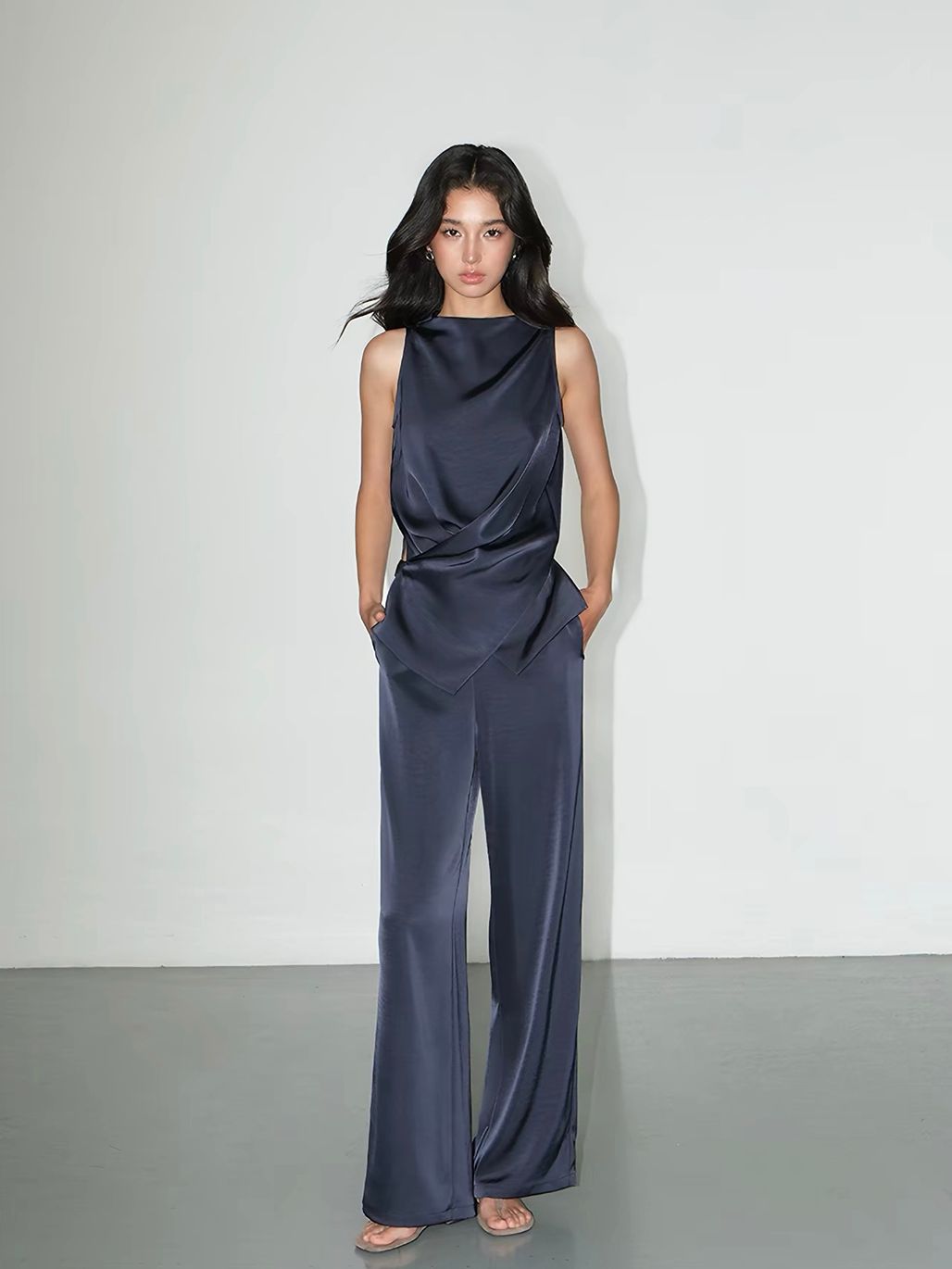Fluid Satin Drape Neck Tie-Back Blouse & Pants (Sold Seperately)