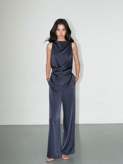 Fluid Satin Drape Neck Tie-Back Blouse & Pants (Sold Seperately)