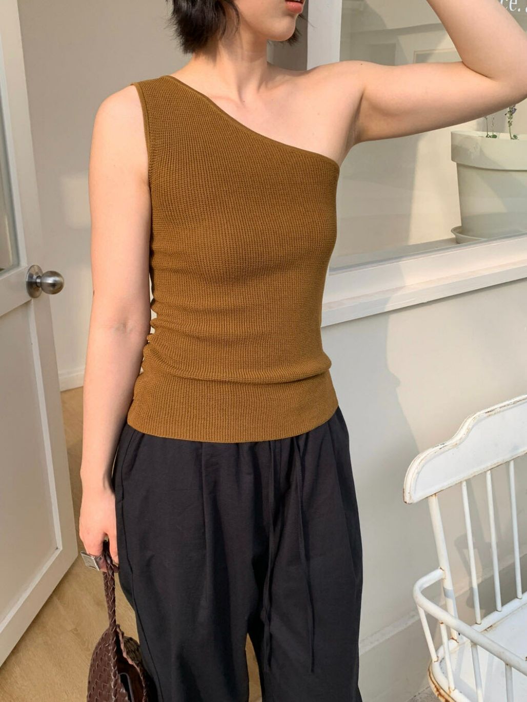Pippa One Shoulder Grid Textured Knit Top