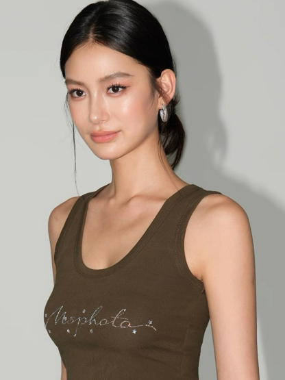 Willy Rhinestones Alphanet Scoop Neck Top