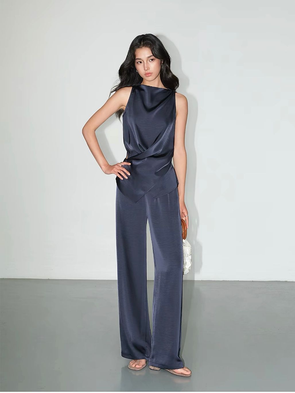 Fluid Satin Drape Neck Tie-Back Blouse & Pants (Sold Seperately)