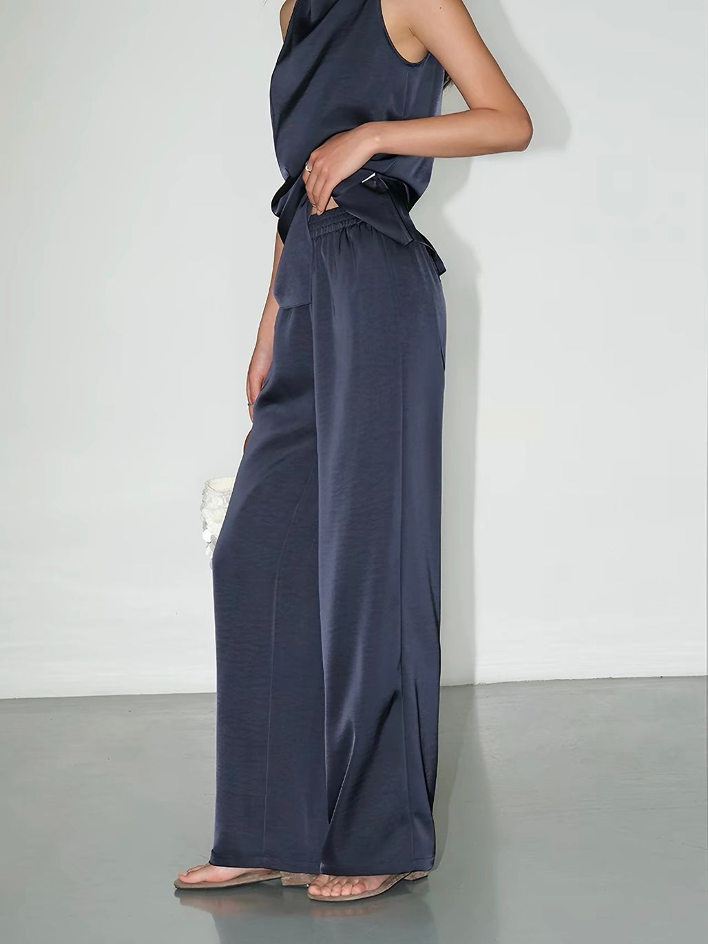 Fluid Satin Drape Neck Tie-Back Blouse & Pants (Sold Seperately)